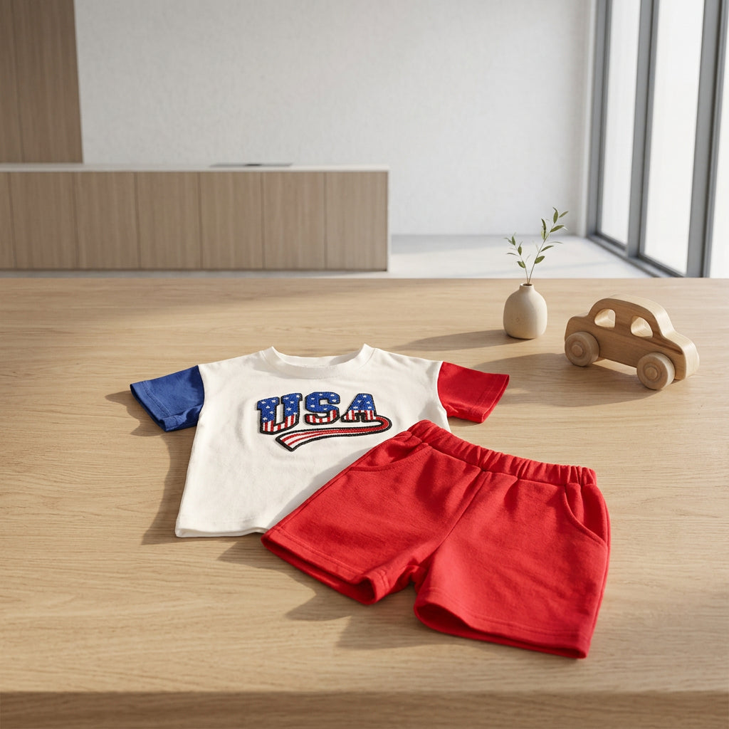 Baby boy 4th of July outfit set with USA print color-block T-shirt and matching shorts
