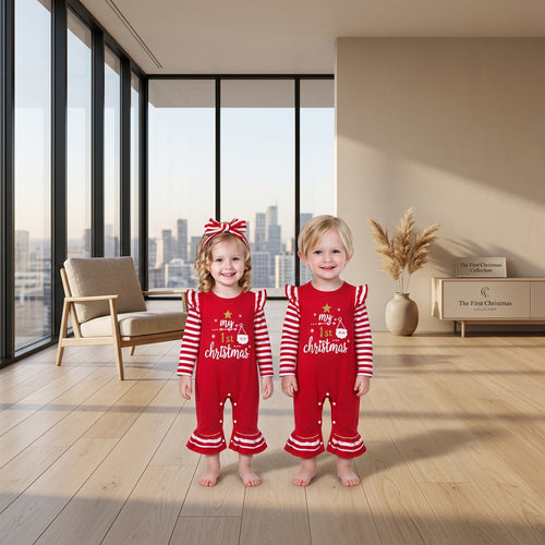 Baby My First Christmas red Santa romper with matching striped bow headband