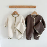 Fleece-lined cotton baby romper with matching hat in Western style