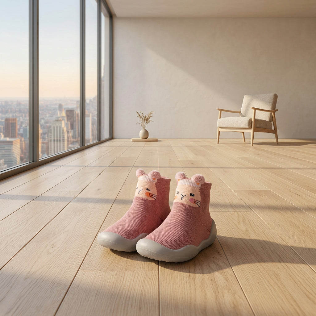 Kids non-slip floor socks shoes with a cute blue fox design